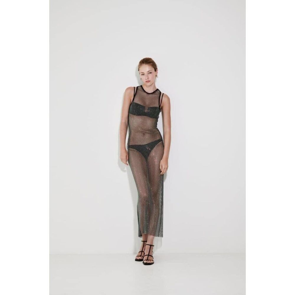 NWT ZARA SHIMMERY BEADED LONG MESH DRESS SIZE S